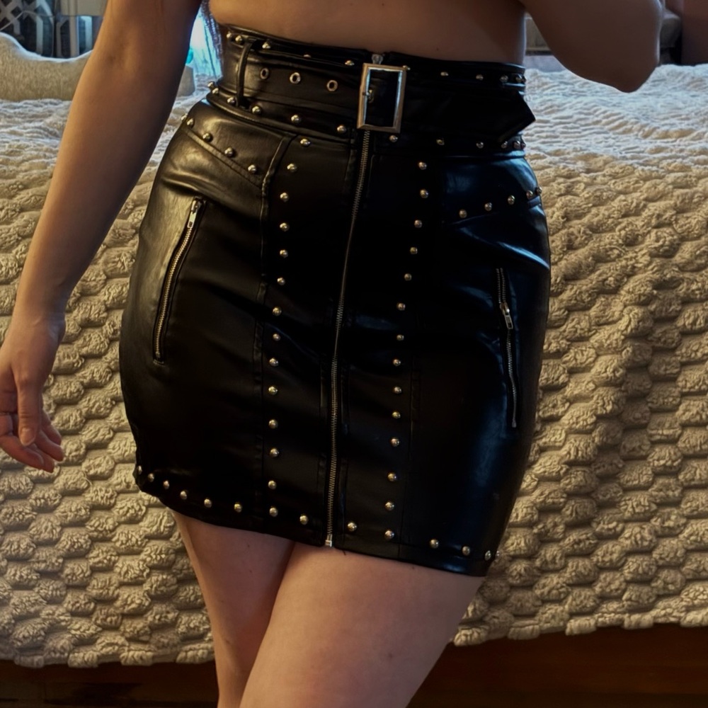 PrettyLittleThing Black Studded Faux Leather Mini Skirt with Belt